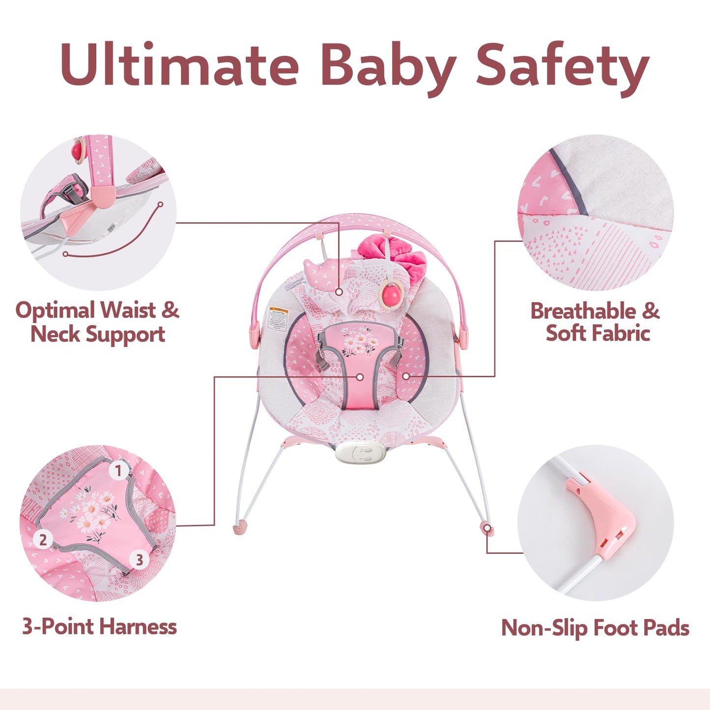 Baby Bouncer, Portable Infant Bouncer, Adjustable and Foldable Baby Rocker with Vibrations,Baby Bouncer Seat for Baby 0-6 Months 6-20 lbs Indoor & Outdoor Use