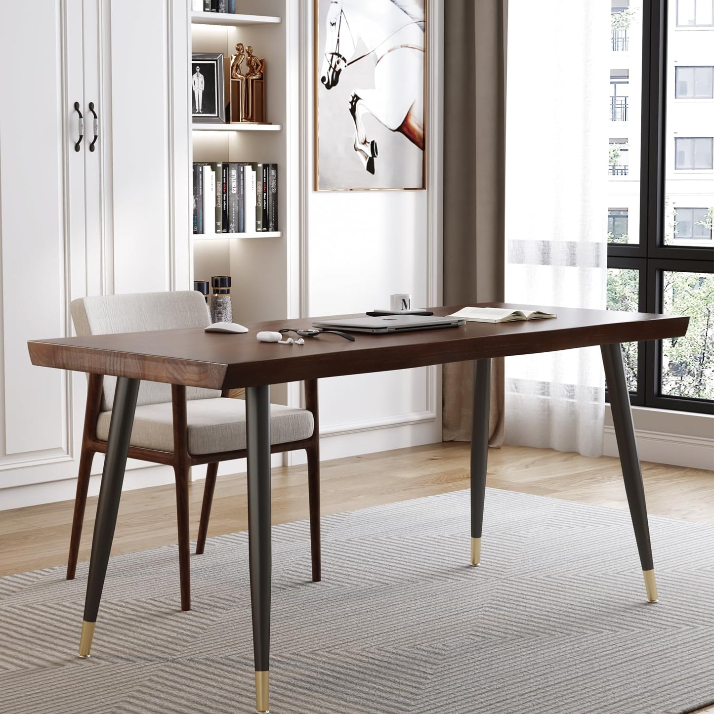 Sihtengxxhongs Modern Simple Style 55" Standing Desk Study Computer Desk - Black Metal Frame, Solid Wood Planks, for Home Office Bedroom