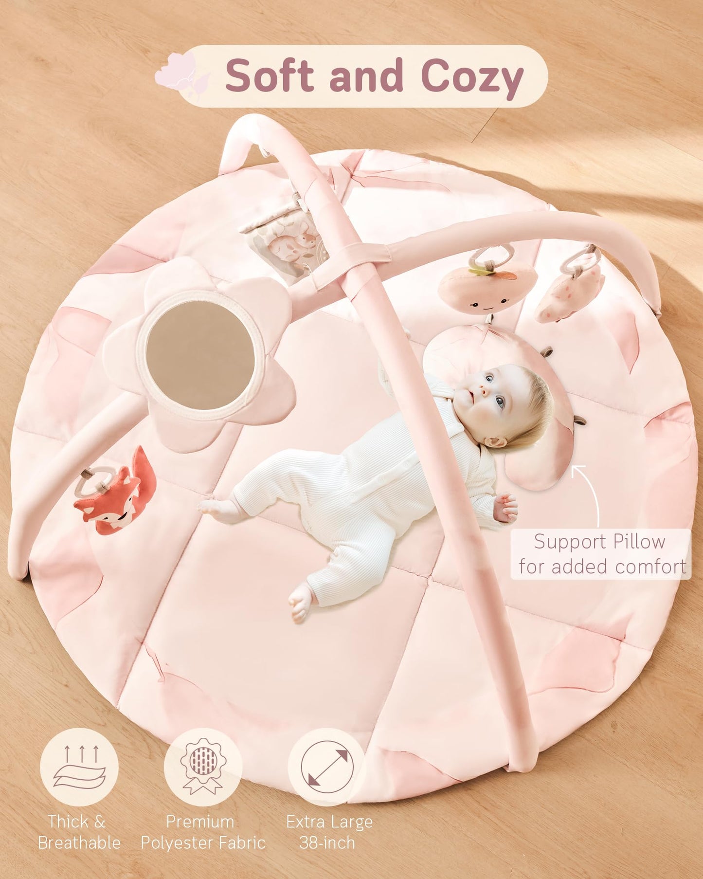 Fortella Baby Play Gym & Activity Mat, Machine Washable & Foldable Tummy Time Mat with 5 Detachable Toys, Certified Safe Newborn Essentials Gift for Baby Registry 0-12 Months (Rose Pink)