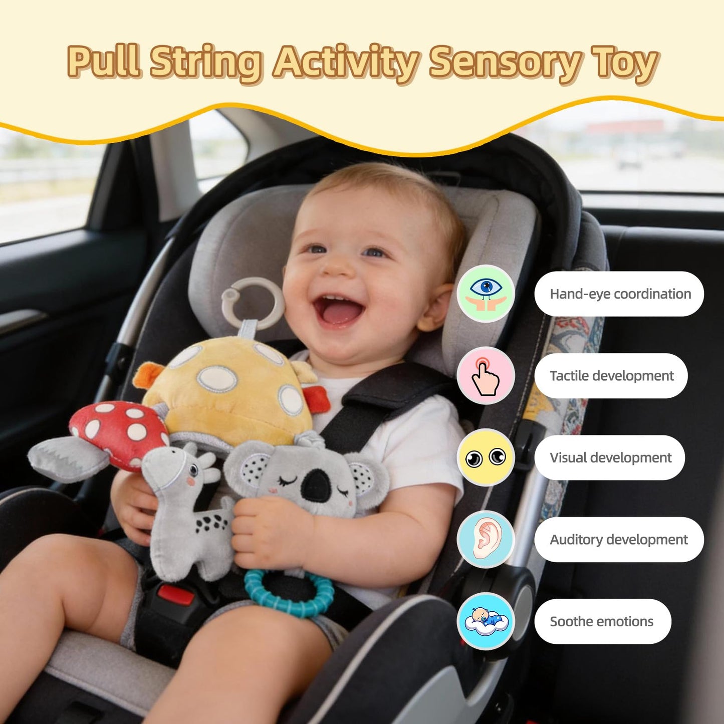 littlove Musical Baby Pull Vibration Toy for Car Seat 6-12 Months, Travel Sensory Toy 3 Months, Montessori Plush Toys for Roadtrip with Crinkle Textures Flutter Squeaky Mirror Newborn Infant Gift