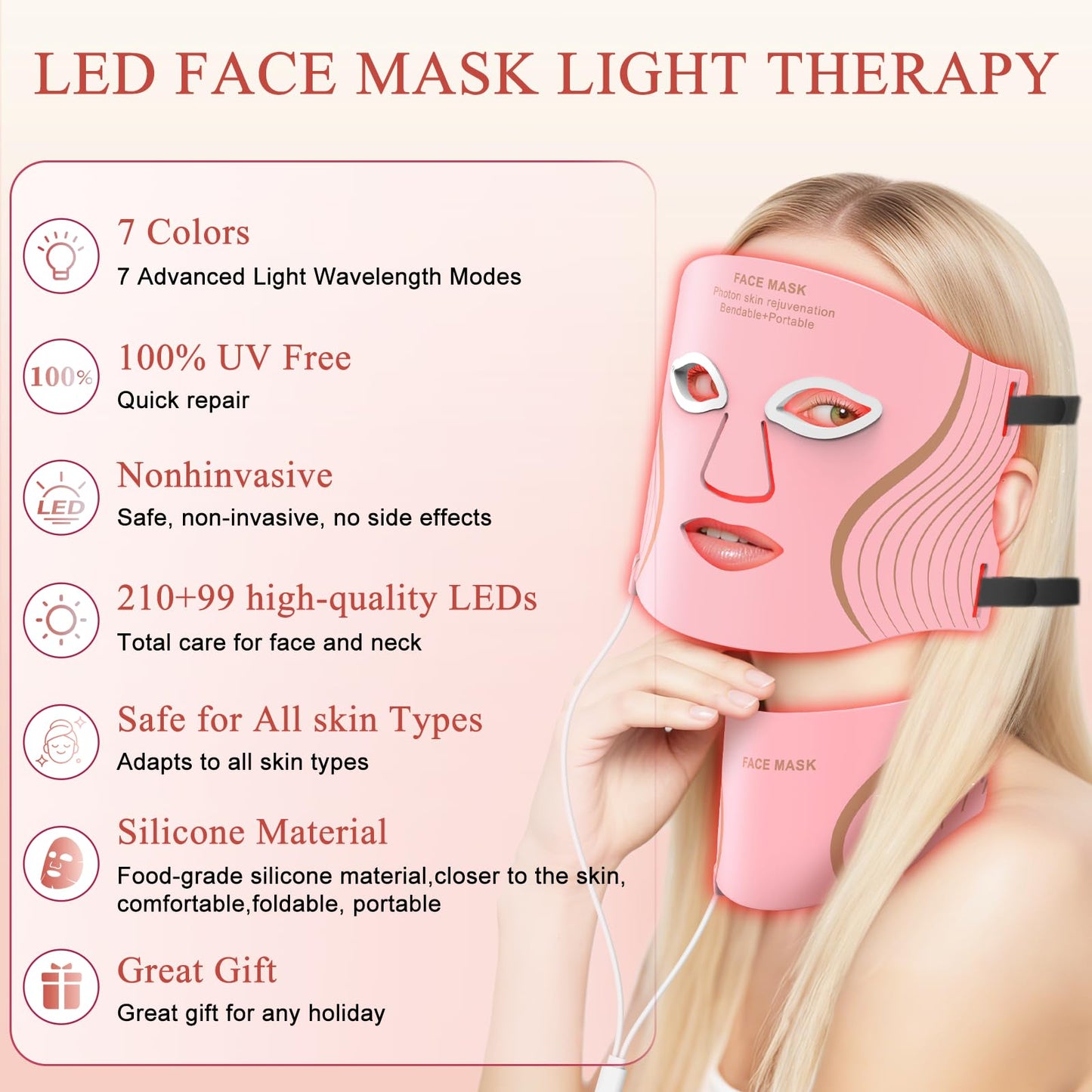 Red Light Therapy for Face & Neck, LED Red Light Therapy Mask for Anti-Aging, Wrinkle Reduction, and Skin Firming, Rechargeable LED Face Mask Light Therapy, 7 Modes, 5 Levels, Home & Travel Use