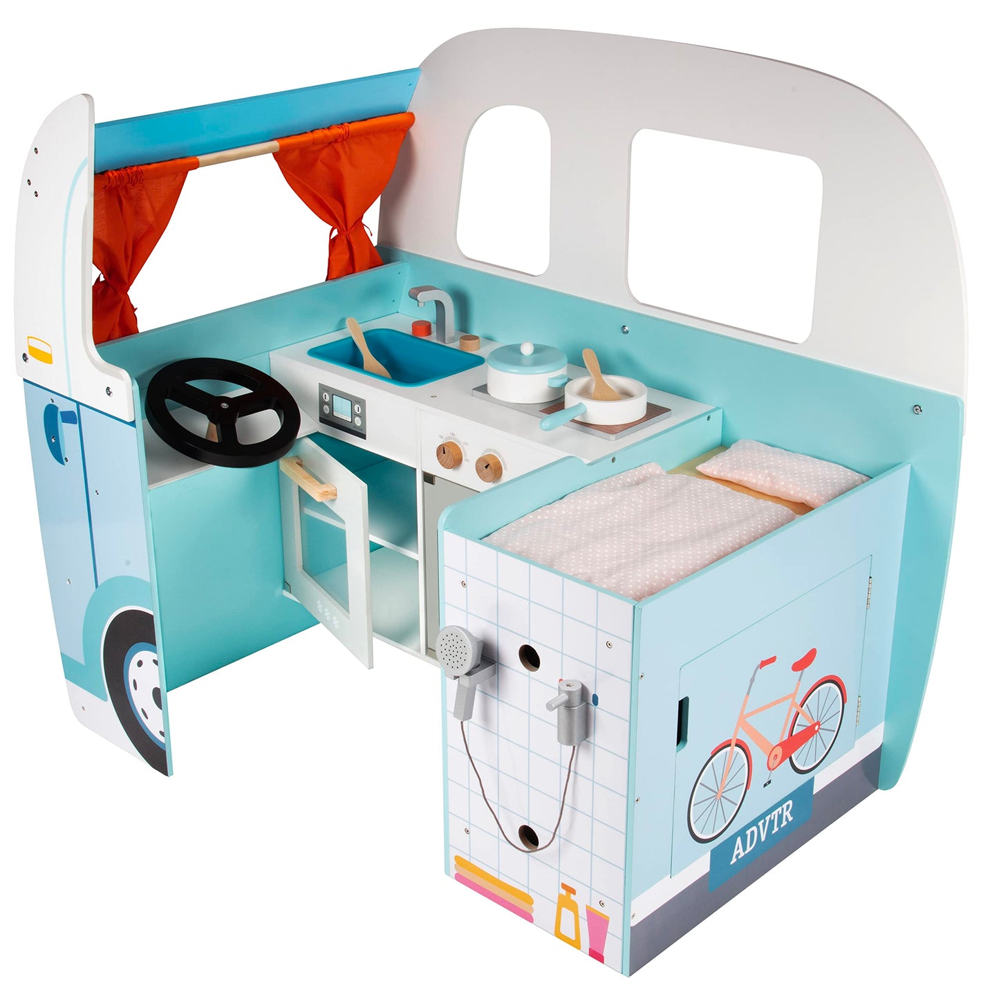 Wooden Play Camper Van Toy Playset w Steering Wheel, Kitchen, Stove, Oven, Bed, Pillow, Pretend Shower, Curtains, Personalization Stickers- Indoor Retro Car Camping, Travel RV Adventure- Ages 3+ Gift