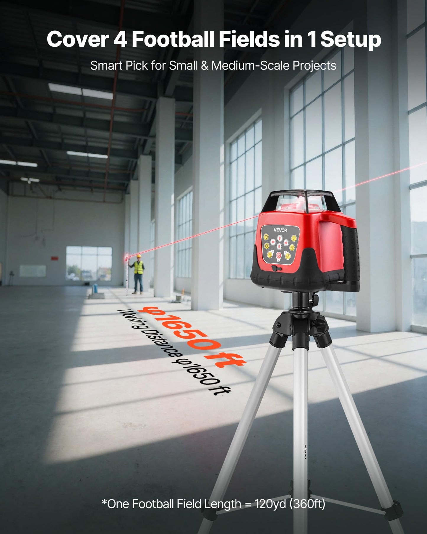VEVOR Rotary Laser Level Kit, 1650ft 360-Degree Self Leveling Red Horizontal Laser Transit,with Tripod,Receiver,Remote Control, Scale,Toolcase, IP66 Waterproof, 0.80in/100ft Precision for Construction