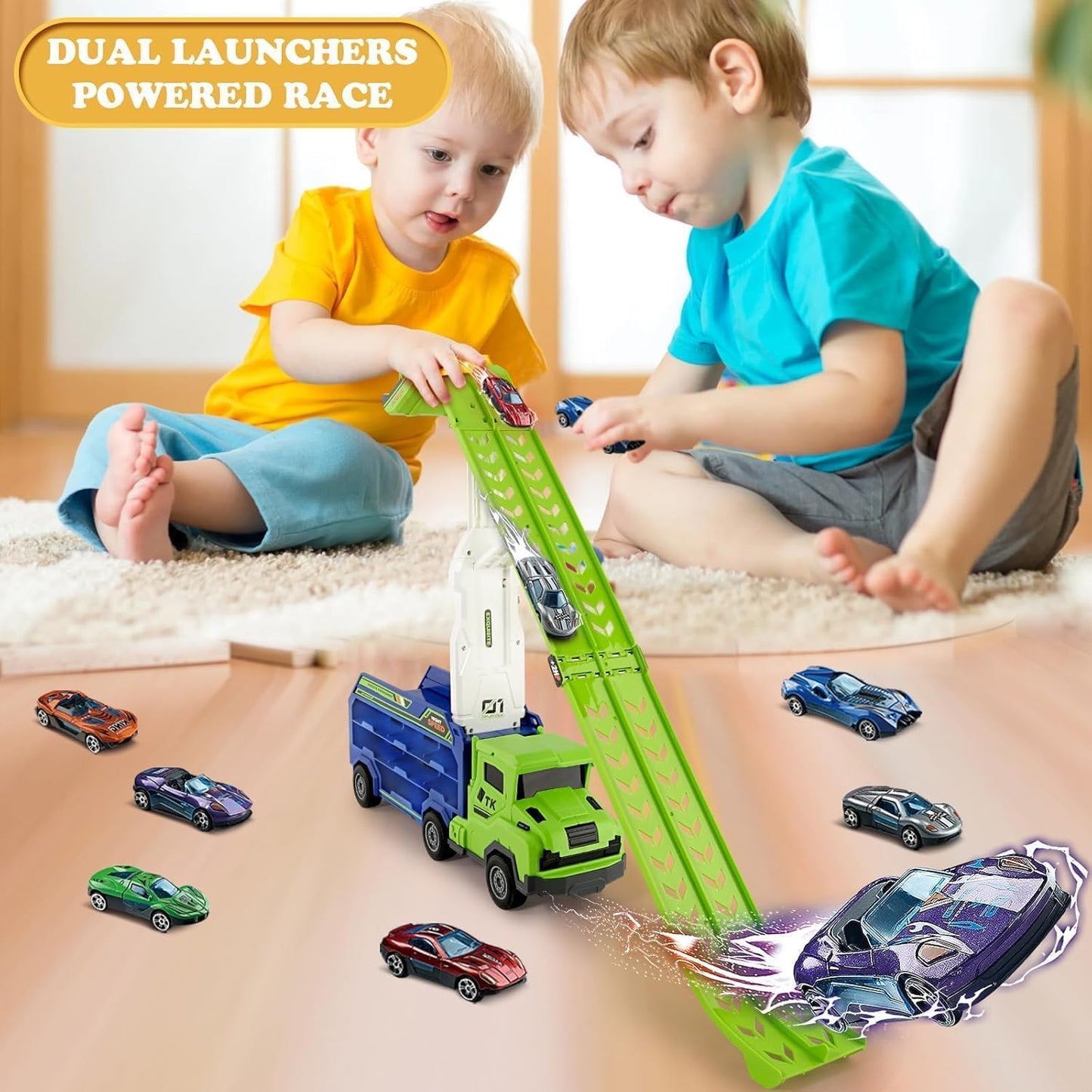 Toddler Car Truck Toys,Car Carrier Truck Toys for Kids Age 3-5 4-8,Foldable Car Track Sets with 2.8-Ft Race Track and 6 Die-Cast Race Cars, Truck Toys Gifts for 3 4 5 6 7 8+ Year Old Boys Girls(Green)