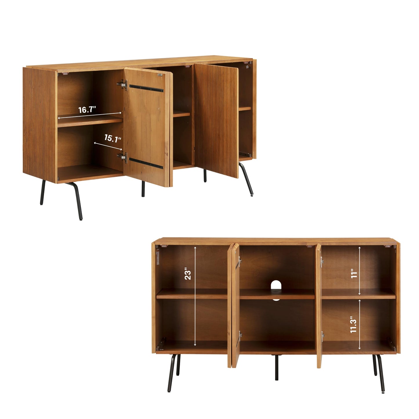 NTC Veil Modern Sideboard with 3 Doors, Buffet Cabinet with Vertical Groove Design and Metal Legs, Storage Cabinet for Living Room, and Hallway, Effortless Assembly, Teak Look