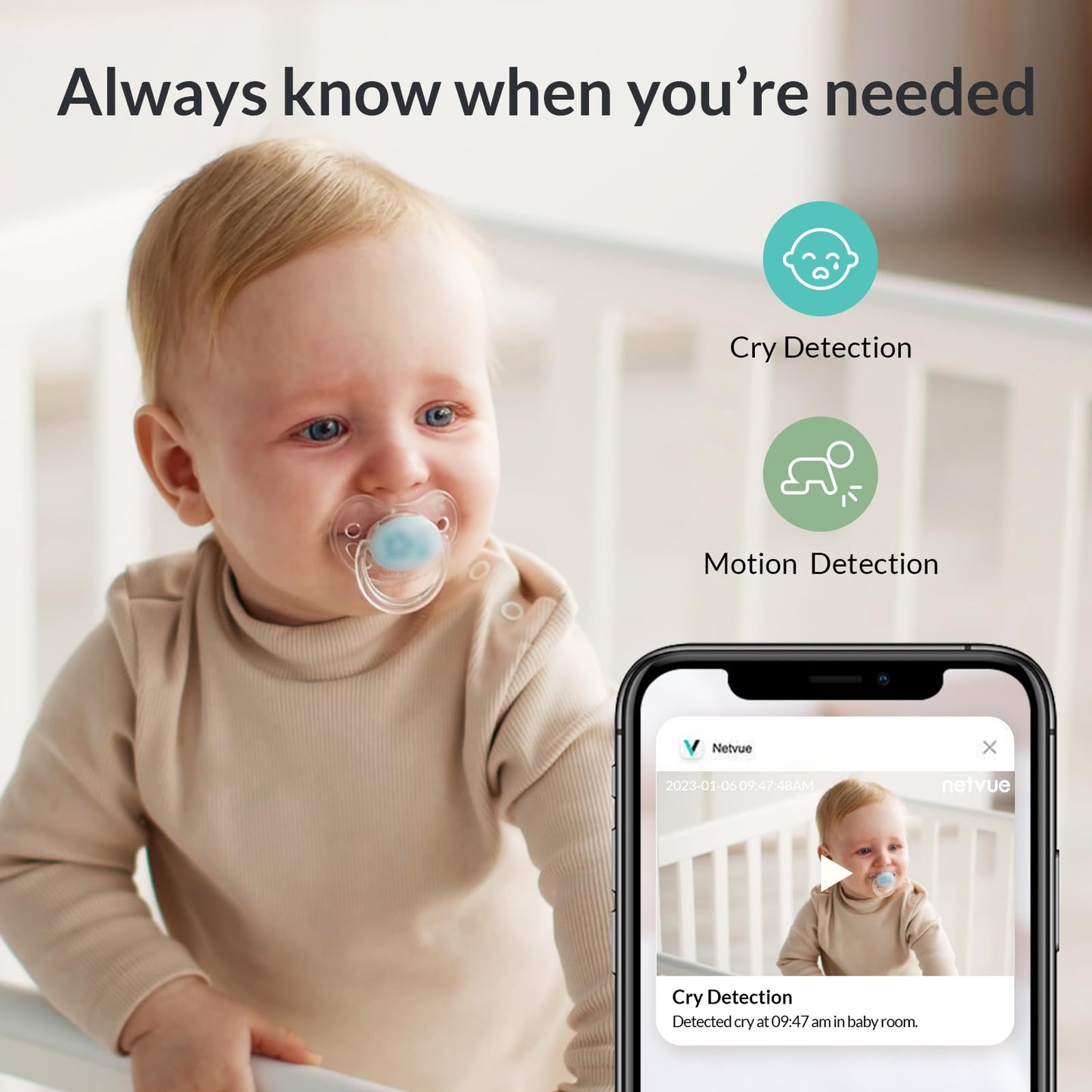 NETVUE Upgraded Baby Camera Monitor Video - 5000mAh Baby Monitor with Camera and Audio, 5" Display, 4 in 1 Bracket Meets The Needs in All Scenarios, Smart Phone App, Cry Detection