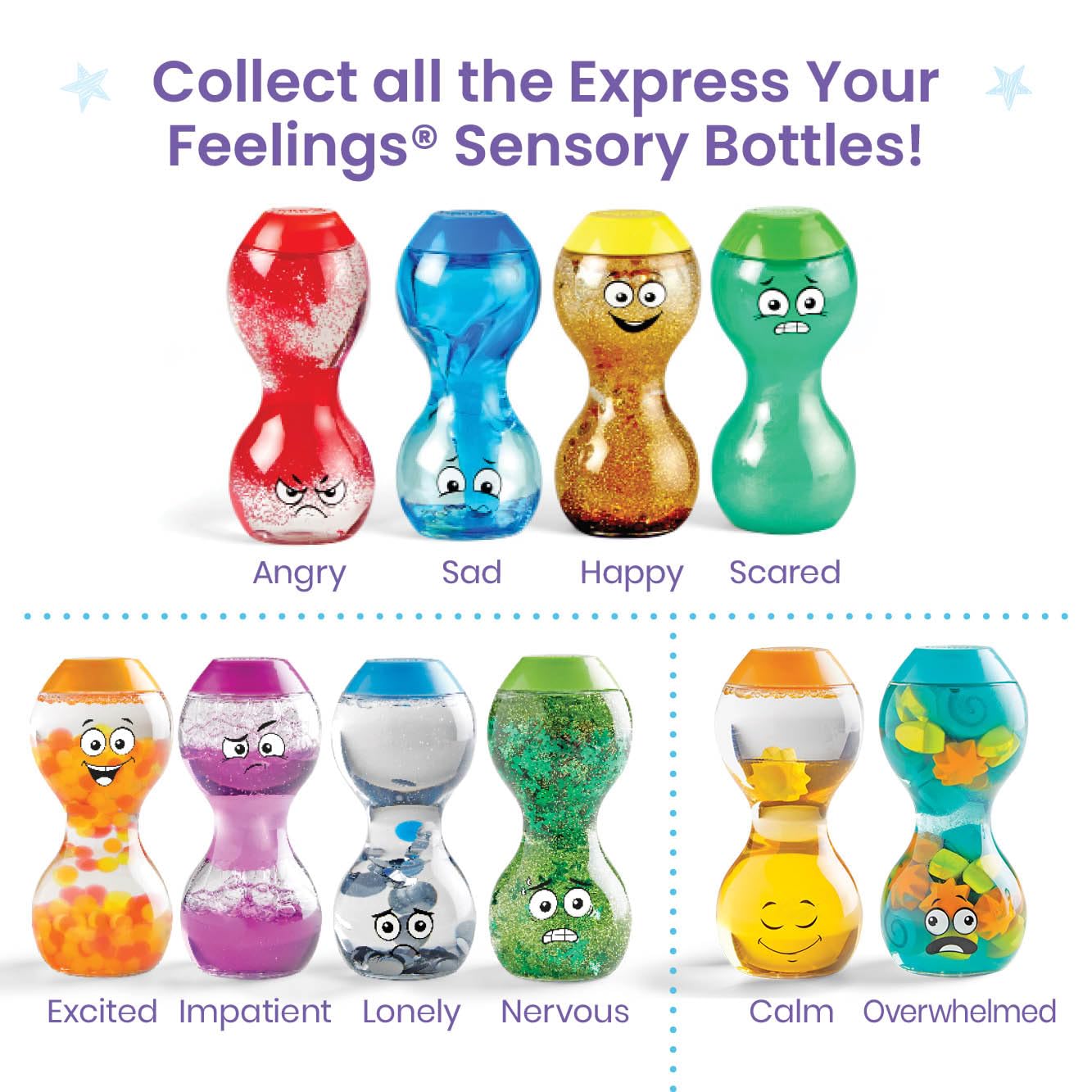 hand2mind Express Your Feelings Sensory Bottles-Primary Emotions, Quiet Toddler Fidgets for Classroom, Calm Down Corner Supplies, Social Emotional Learning, Sensory Toys for Kids with Autism