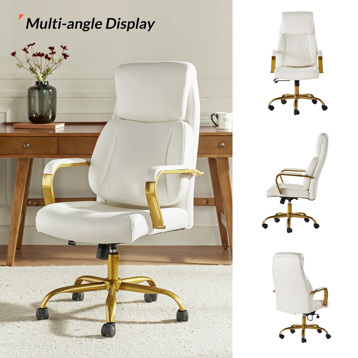 HULALA HOME Executive Office Chair with Adjustable Lumbar Support, Leather Ergonomic Office Chair with Padded Armrests, Tilt and High Back, White and Gold