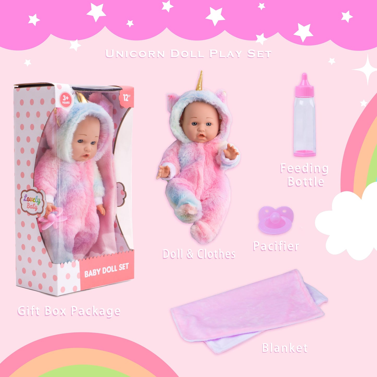 12 Inch Baby Dolls with Unicorn Clothes In Gift Box, With Doll Accessories Unicorn Onesie Clothes Feeding Bottle Pacifier Blanket, Play Set Toy for 3 4 5 6 Years Toddlers, Christmas Birthday Ideal