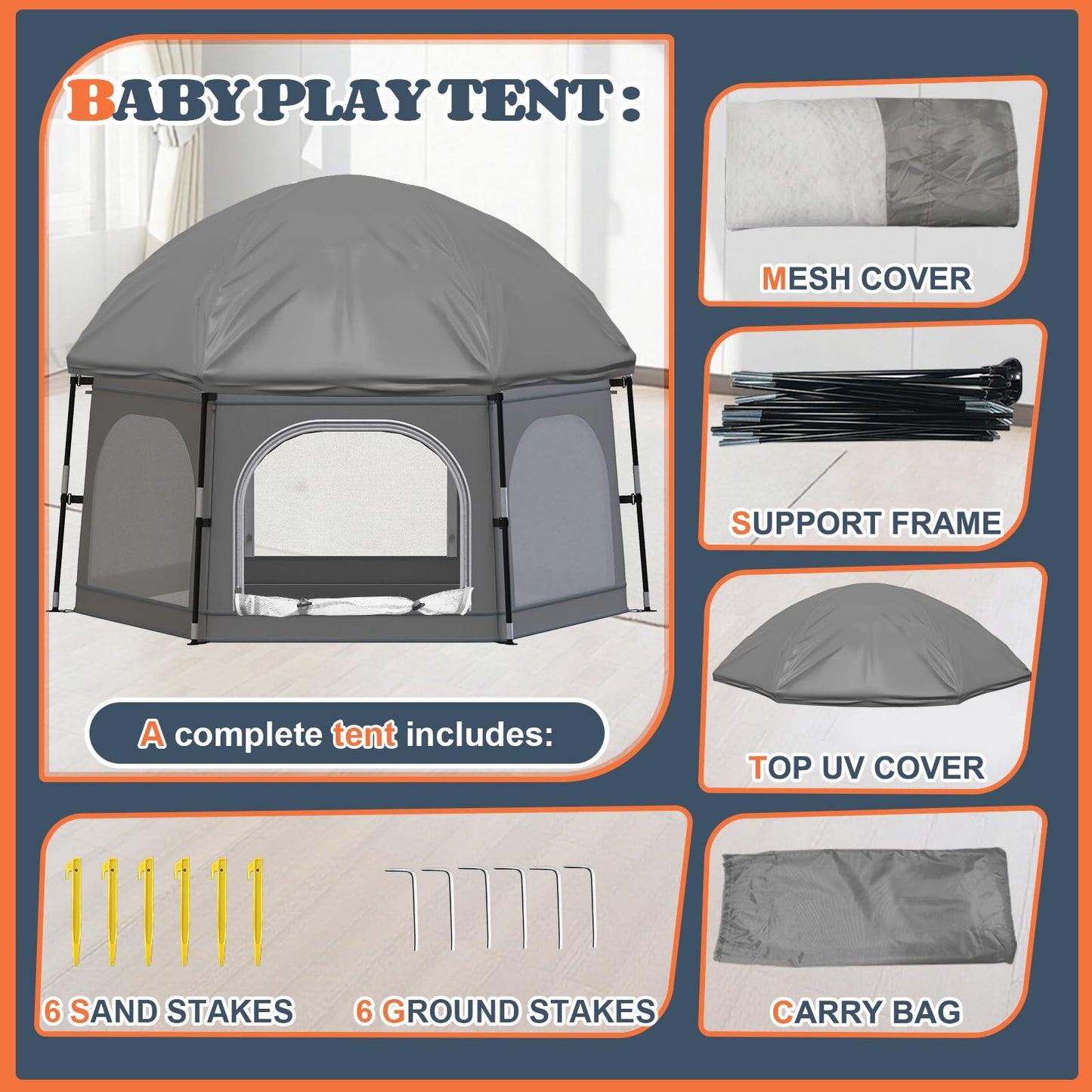 Baby Playpen with Canopy, Portable Outdoor & Indoor Baby Beach Tent for Babies and Toddlers, Foldable Play Yard with Mosquito Net, Travel Play Yard Includes Sand Stakes & Carry Bag