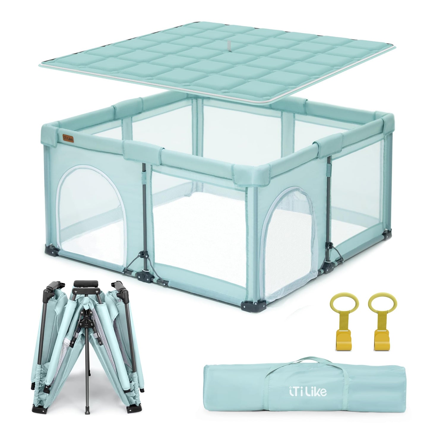 Foldable Baby Playpen, iTiLike Large Playard with Detachable Thickened Washable Water-Resistant Mat, Playpen for Babies and Toddlers, Play Pens with Gate, Indoor & Outdoor Portable Play Yard