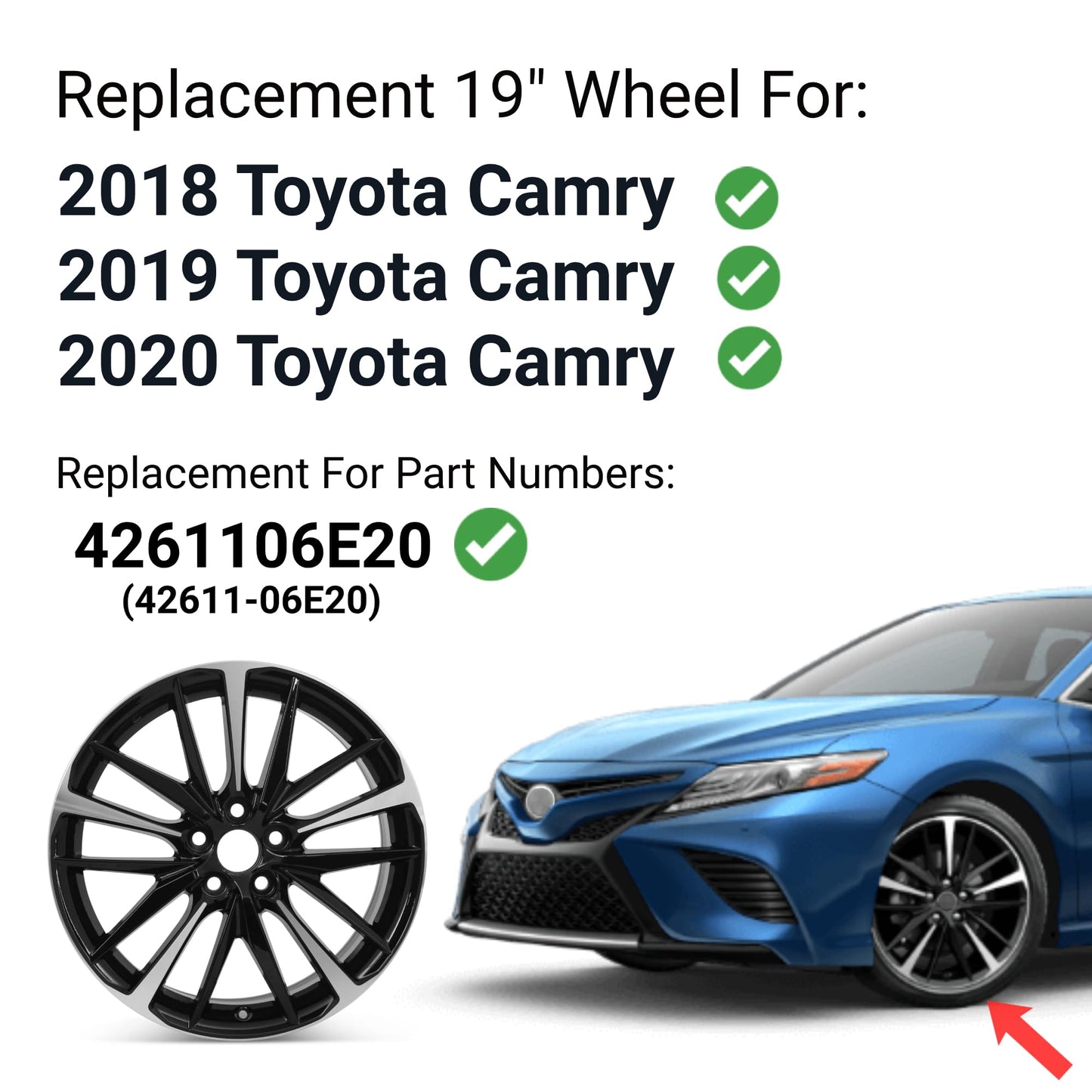 Replacement 19 Inch Wheel For Toyota Camry XSE XLE LE SE OEM Style Aluminum Alloy Rim for 2018 2019 2020 | 19x8" | Black w/Silver Machine Face - Factory Replacement Rim for 4261106E20 (42611-06E20)