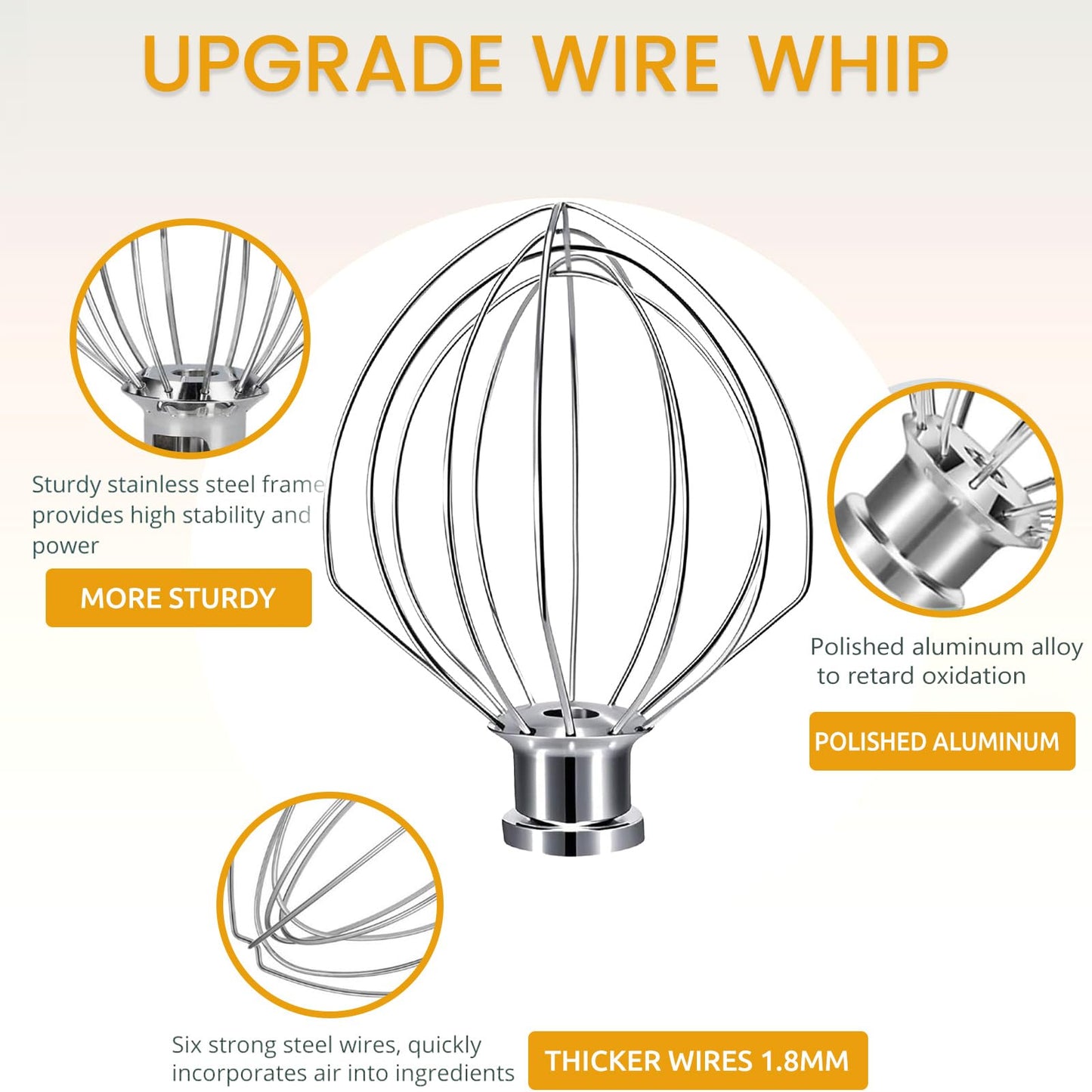NewlyArt Whisk Attachment Fits KitchenAid, 6 Wire Whip for 4.5 5 Quart KitchenAid Tilt-Head Stand Mixer，K45WW Kitchen Aid Accessories and Attachments, Stainless Steel Wires + Aluminum Hub