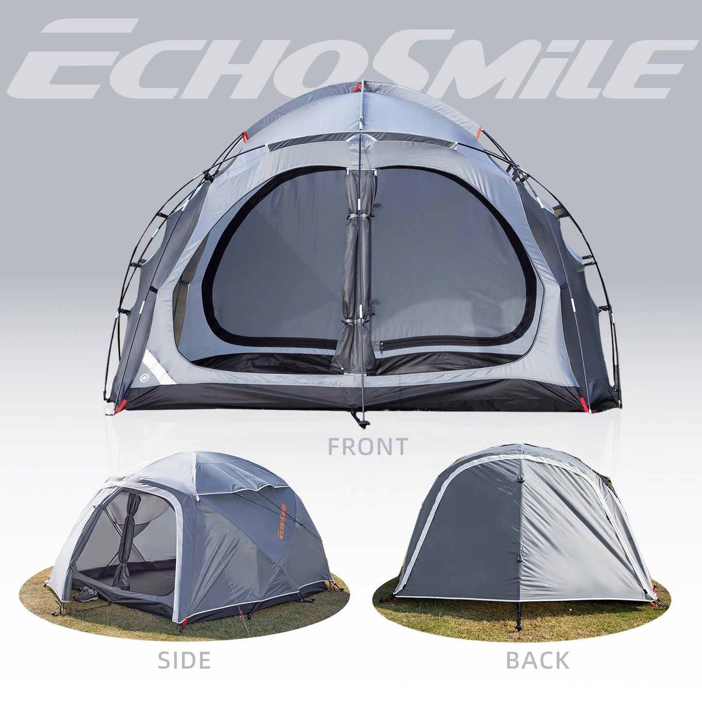 EchoSmile Tents for Camping, Waterproof Windproof Tent with Multi-Pole, 3-5 Person Spacious Dome Tent with Expandable Space for Shoes, Packs & Wet Items, Easy Setup Tent for Camping & Hiking-Gray