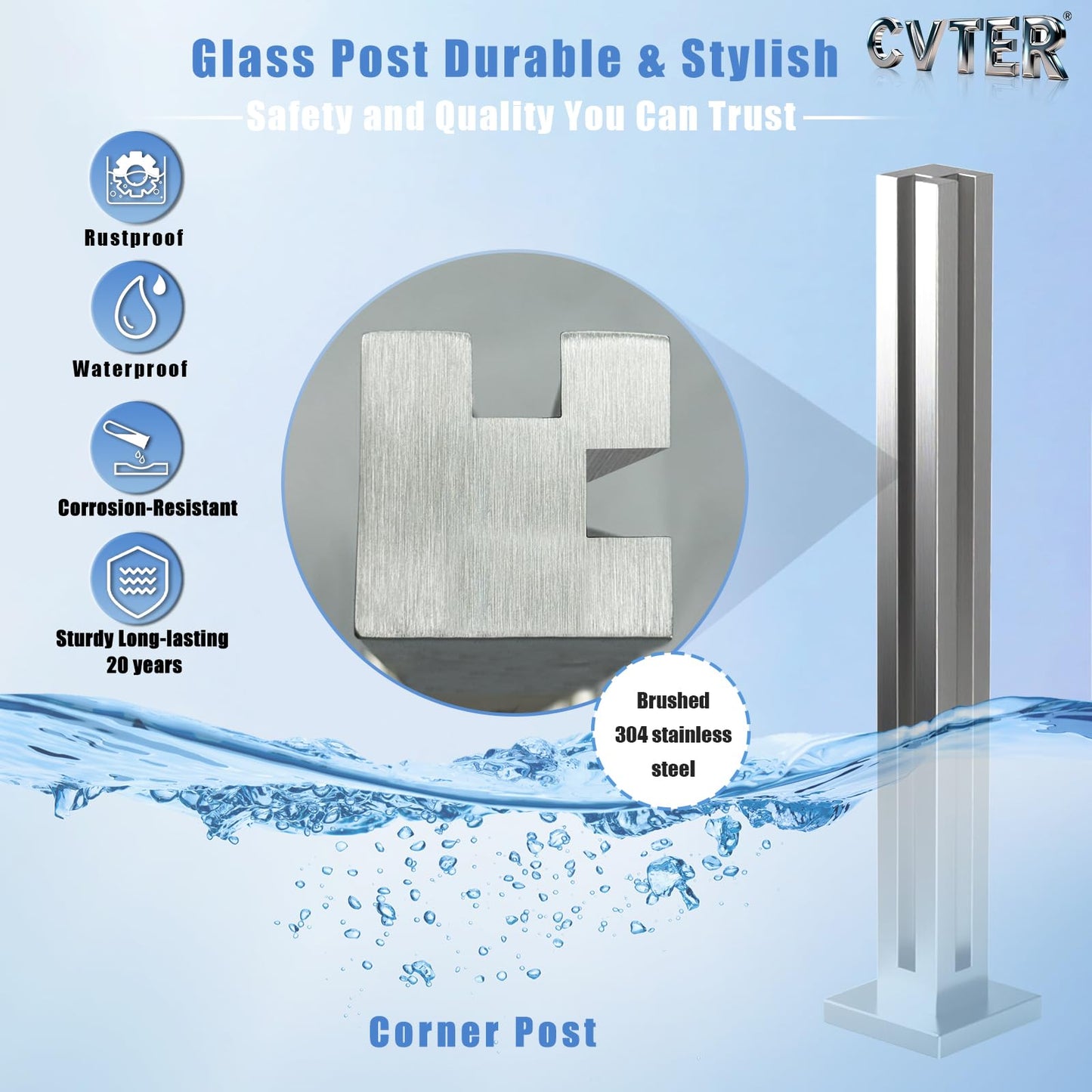 Cvter Glass Railing Post, No-Punch Heavy-Duty Glass Railing with Spigot Slots & Base, 304 Stainless Steel Clamp Bracket for Deck Balusters, Balcony, Patio, Stairs, Silver 24in Corner Post