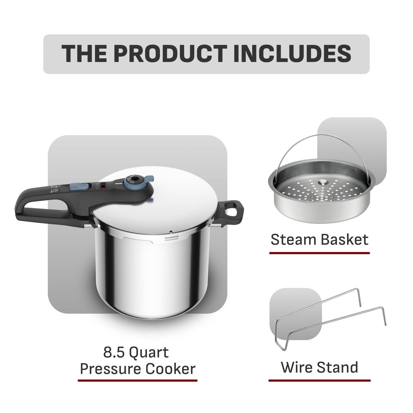 T-Fal Secure Trendy Stainless Steel Pressure Cooker, 8.5 Quart, Steam Basket, Induction, Secure Locking System, Easy and Safe Opening, Compatible with All Cooktops, Dishwasher Safe, Silver