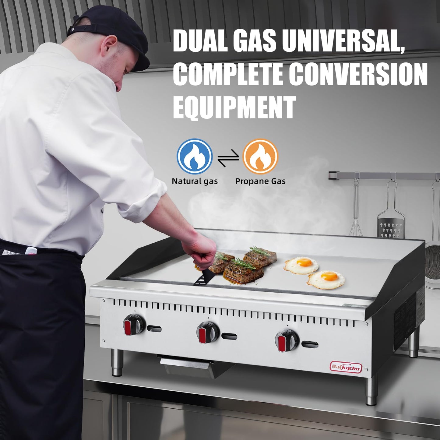 Backychu Commercial Gas Griddle - 36" Countertop Griddle. 90,000 BTU Flat Top Griddle, Natural Gas (NG) / Propane, CSA Certified Stainless Steel Teppanyaki Grill for Restaurants