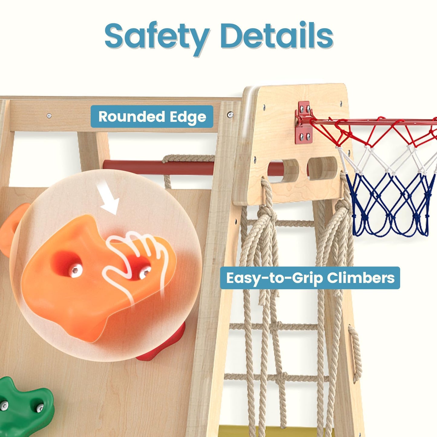 OLAKIDS Indoor Jungle Gym, 9 in 1 Wooden Montessori Baby Climbing Toys with Adjustable 2 Swings Ramp, Monkey Bar Basketball Hoop Ladder Climb Net (Colorful)