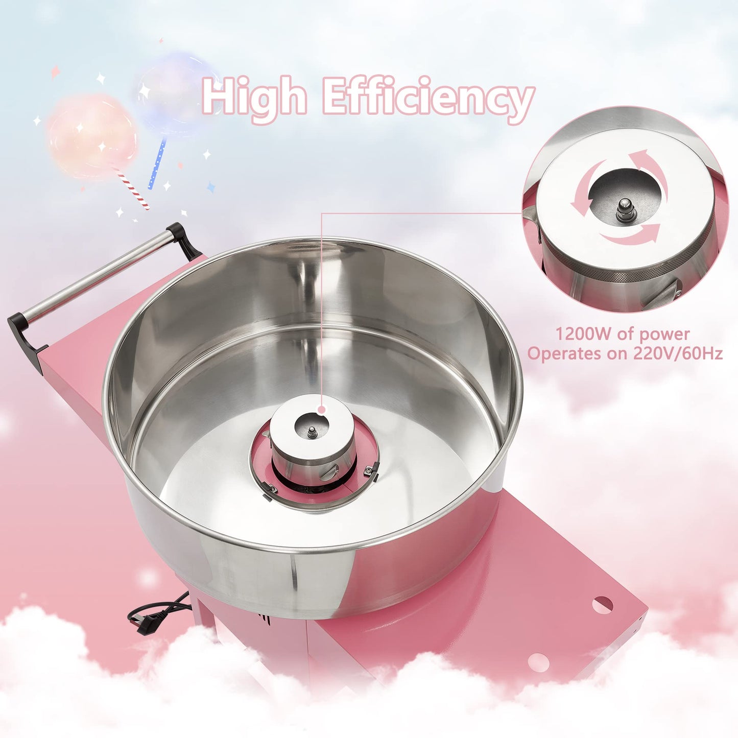 Electric Cotton Candy Machine,Stainless Steel Cart Cotton Candy Machine for Kids in Outdoors,with Sugar Spoons and Drawers,for Birthday Parties and Family Use,Pink