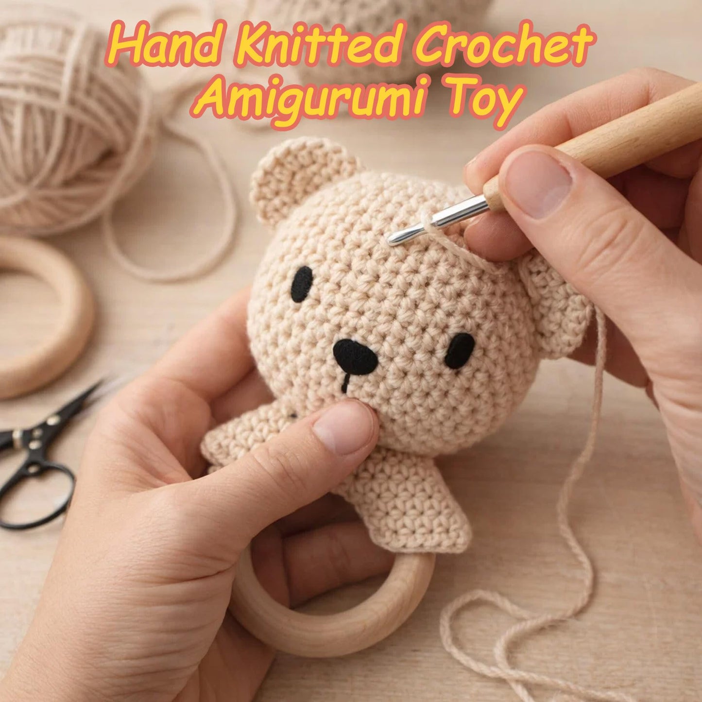 JUSTQUNSEEN Teddy Bear Baby Rattle Toy Hand Crochet Knitted Plush Stuffed Animal Teether Natural Wood Ring Cute Bear 6 Month Baby Gift Gentle Sound Shaker Newborn Infant Crib Soothing Sleep Aid Gift