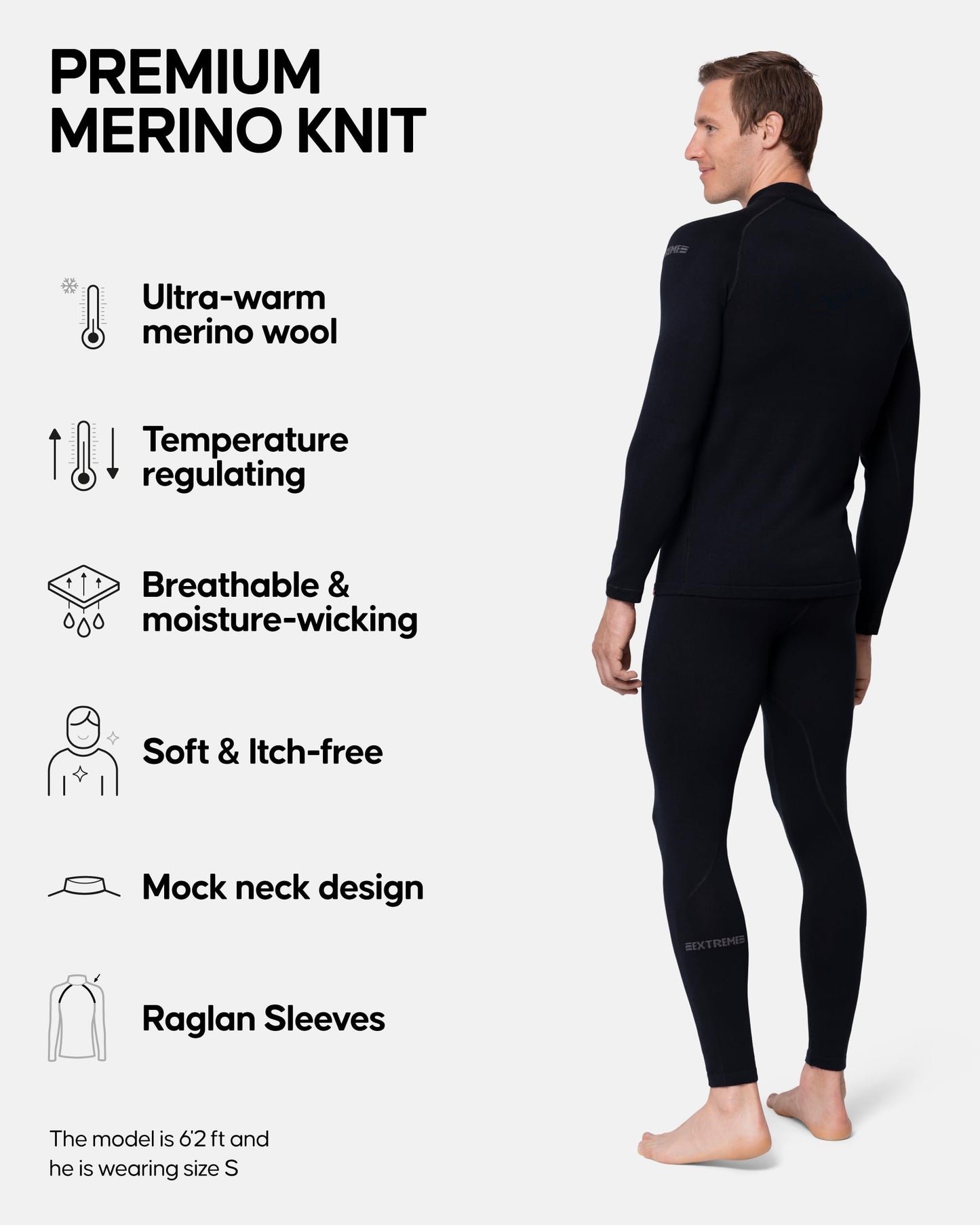 DANISH ENDURANCE Men's Merino Thermal Underwear Set for Extreme Cold, Long Johns, Long Sleeve, Mock Neck Winter Thermals, Black, Large