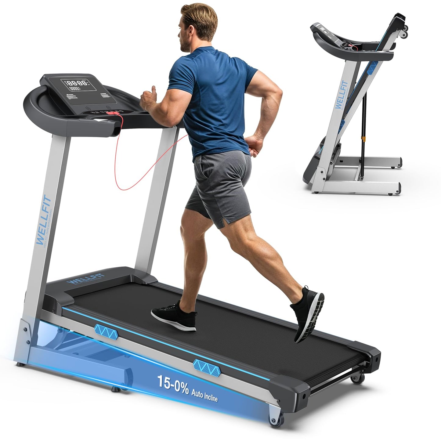 WELLFIT Treadmill with 15% Auto Incline, 400LBS Capacity, Foldable Treadmills with Handlebar, Heart Rate Sensor, LED Display, App Control, 4.0HP Heavy Duty Treadmill for Home, Seniors, Adults, Teens