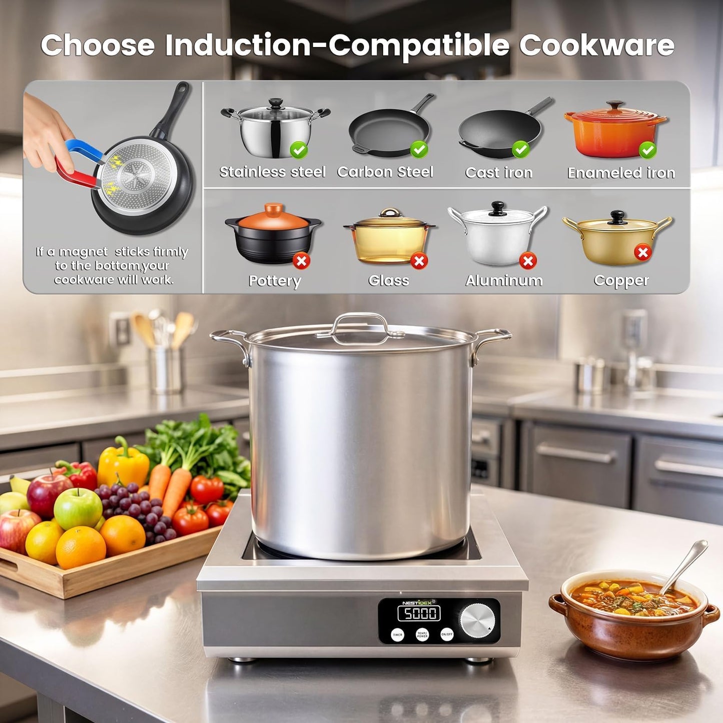5000W Commercial Induction Cooktop, NESTIQEX 208V 3-Phase Large Induction Burner with 20 Power & Temp Levels, 9" Large Coil, 24h Timer, Pro Electric Countertop Burners for Restaurant