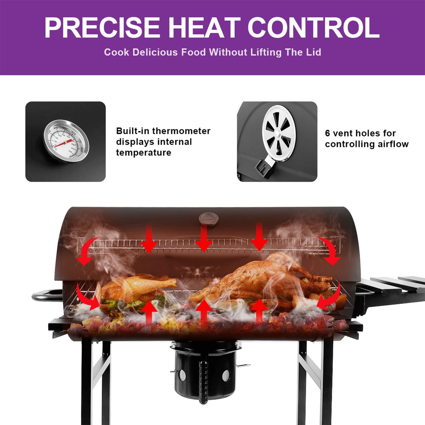 HALNYHYFD Charcoal BBQ Grill with Thermometer & Foldable Side Table, 565 sq in Cooking Space Large Charcoal Grills, Barrel Charcoal Grills for Backyards Picnic Cookouts