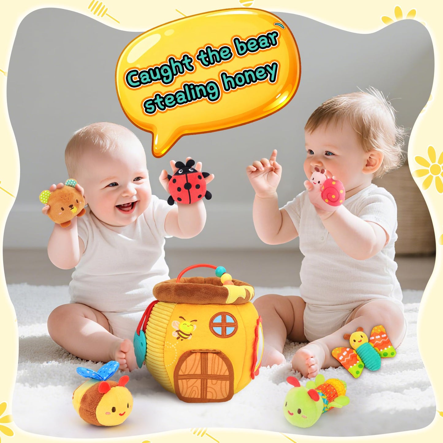 Zendstanding Baby Toys 6-12 Months - Soft Honey Jar with 6 Sensory Insect Stuffed Animals Montessori Plush Toys W/Rattle, Crinkle Paper, Mirror for Toddlers 1 2 3 Year Motor Skills Developmental