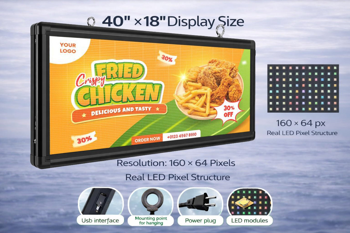 P6 Outdoor Full-Color LED Scrolling Sign, 40″ × 18″Programmable Digital Display Board with WiFi & USB Control, Waterproof LED Sign for Business Advertising