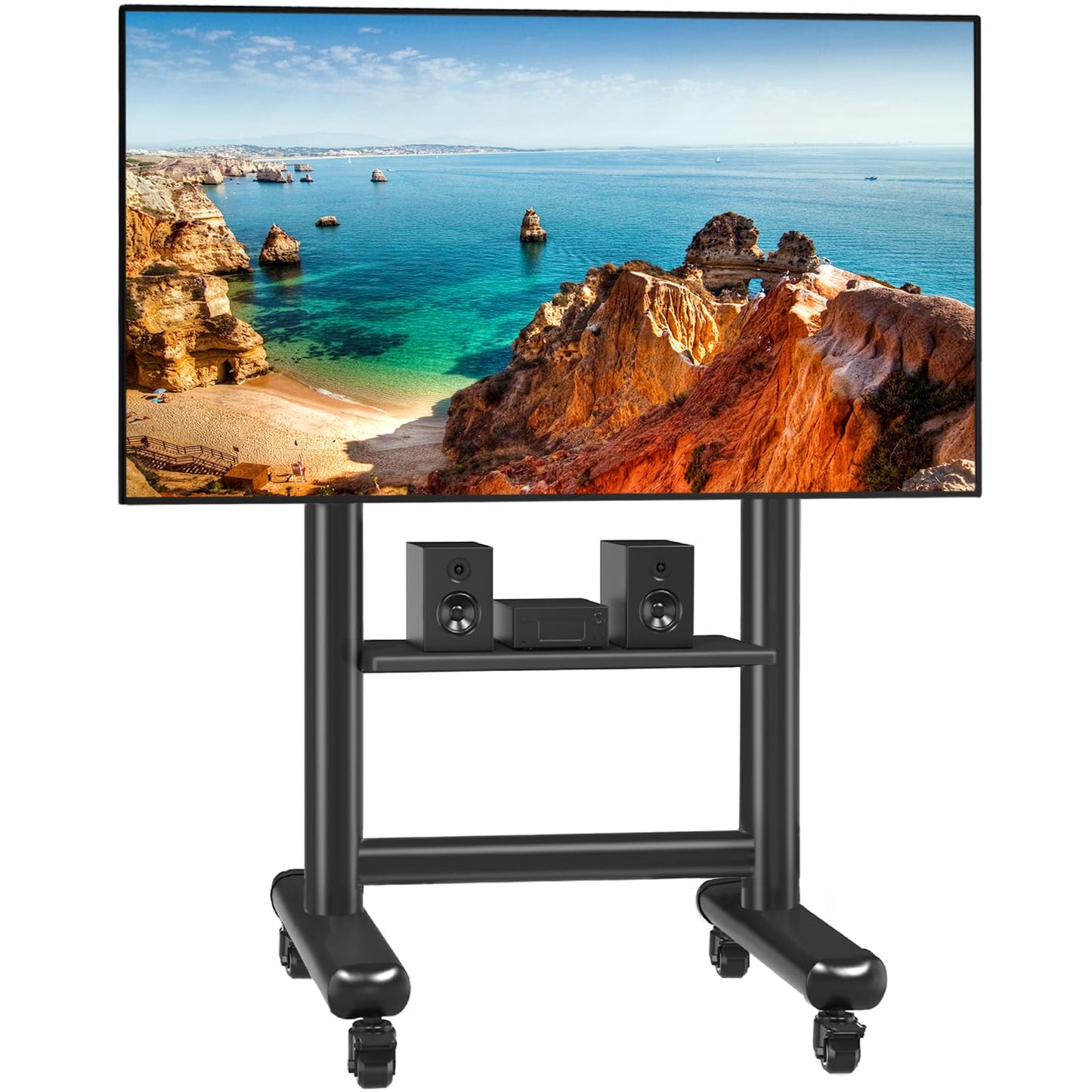 TVON Heavy Duty Rolling TV Stand for 50-92 Inch Large TVs up to 200 lbs, Height Adjustable Mobile TV Stand with Shelf, Upgraded Portable TV Stand on Wheels for Living Room, Office, Trade Show