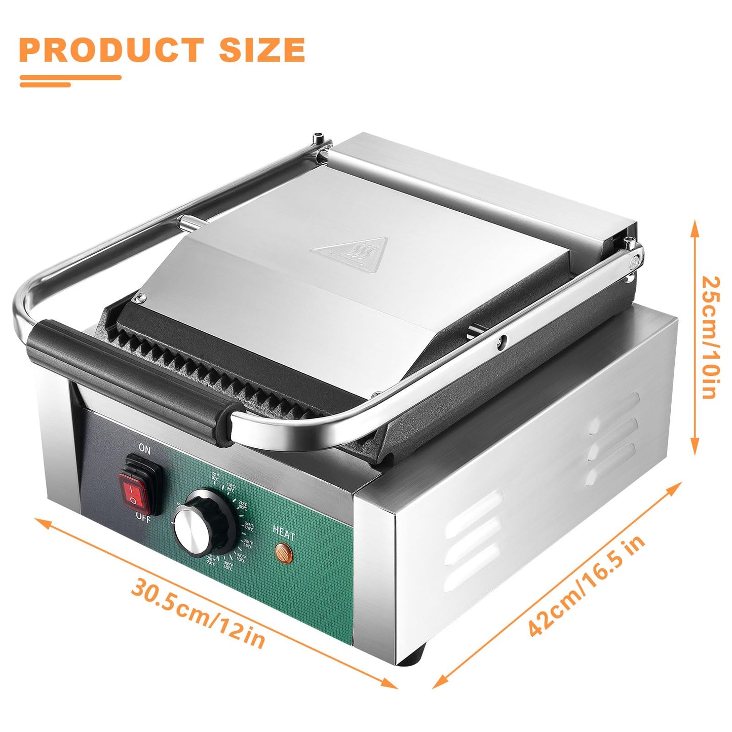 Commercial Panini Press, 2200W Panini Grill Press Sandwich Maker with Non-Stick Grooved Plates and Adjustable Temperature Control, Double-sided Heating Electric Griddle