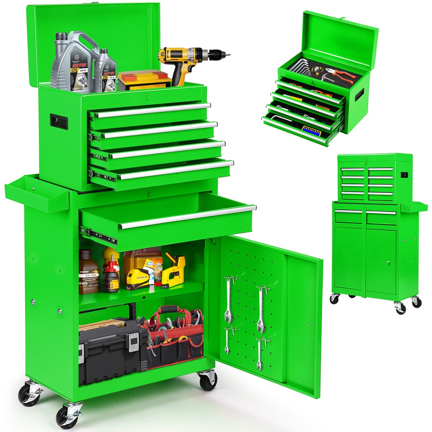 Dawmilon 5-Drawer Rolling Tool Chest with Wheels - Large Tool Storage Cabinet with Detachable Toolbox for Repair Room,Warehouse - Rolling Tool Box with Hooks,Liners, Green