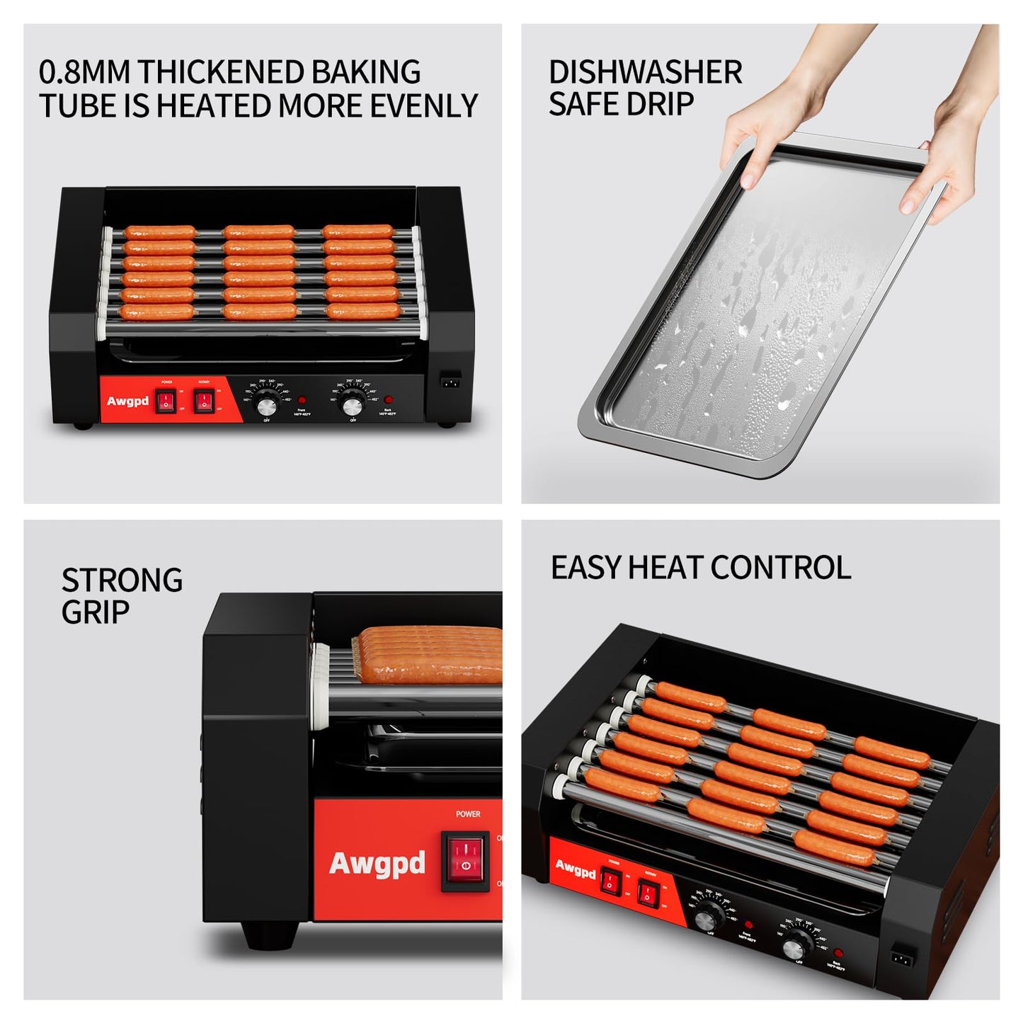 Hot Dog Roller 5 Rollers 12 Hot Dogs Capacity, 750W Stainless Steel Hot Dog Roller Machine with Dual Temp Control,Removable Drip Tray for Party Home Commercial (5 Rollers)