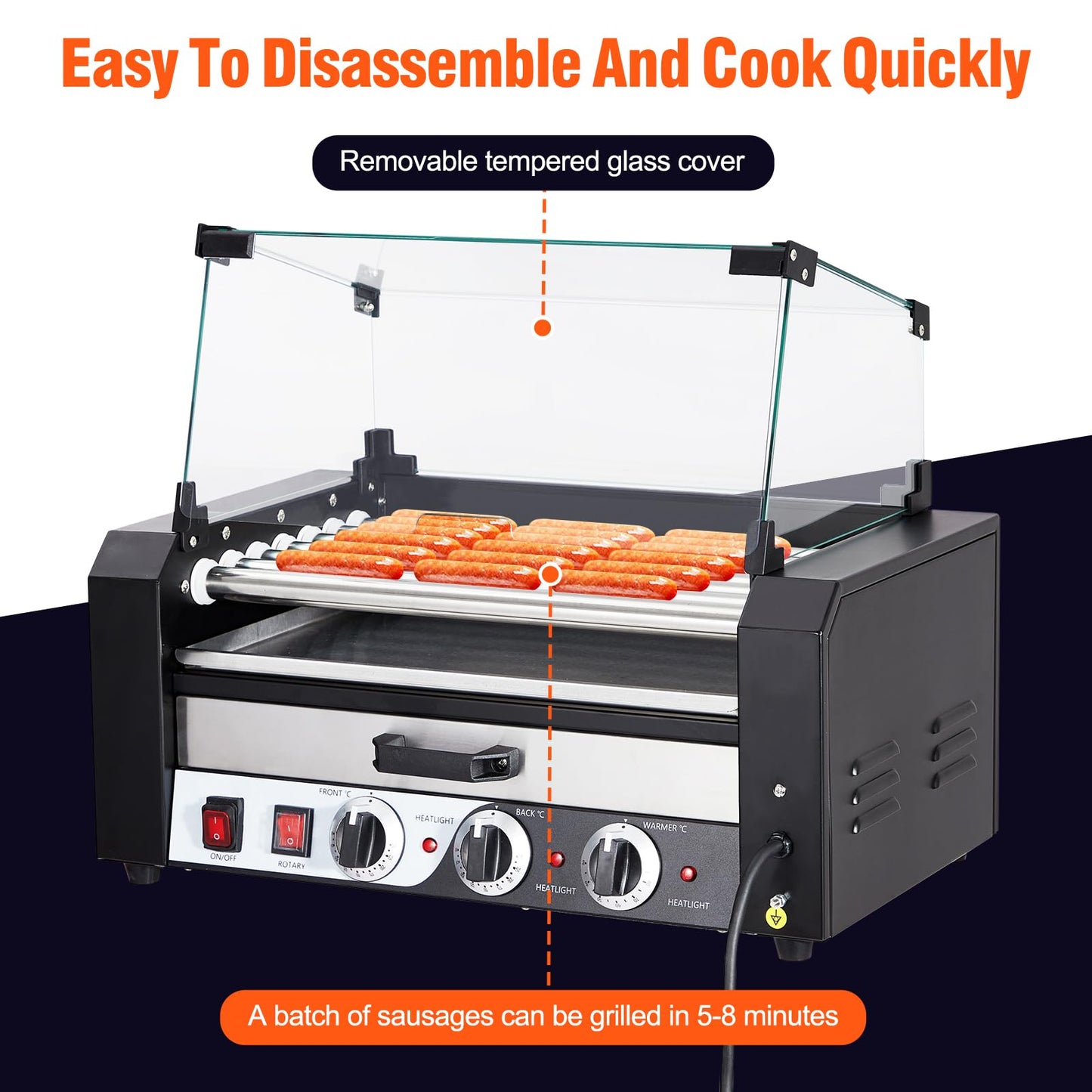 ACONEE Hot Dog Roller, 7 Rollers 18 Hot Dogs Capacity 1350W Stainless Sausage Grill Cooker Machine with Removable Oil Drip Tray Dual Temp Control and Glass Hood Cover, Perfect for Commercial and Party