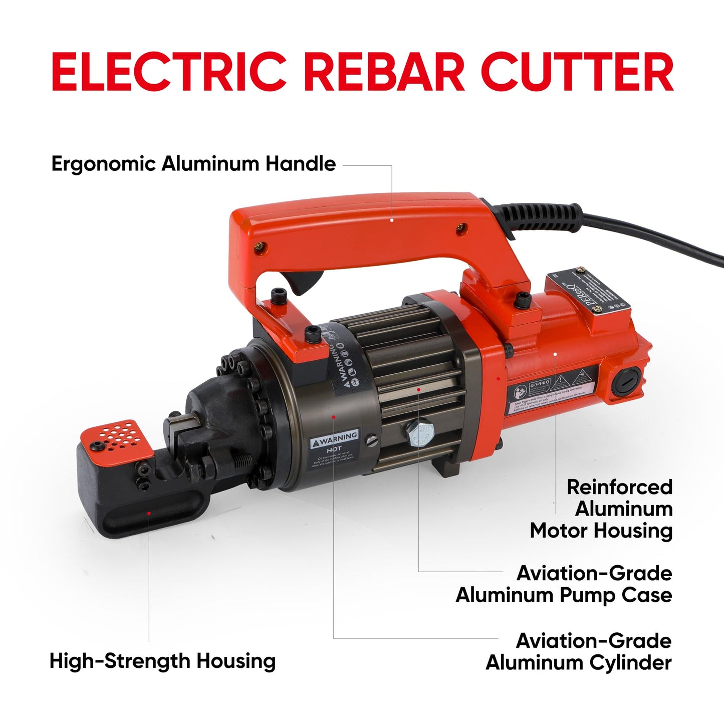PEResQ Electric Hydraulic Rebar Cutter, 1000W 120V Corded, Portable Steel Bar Cutter, 5/8" (#5) 4-16mm Capacity, Cutting Speed 1s, Lightweight 16.5 lbs, Model PC-16 (Orange-16)