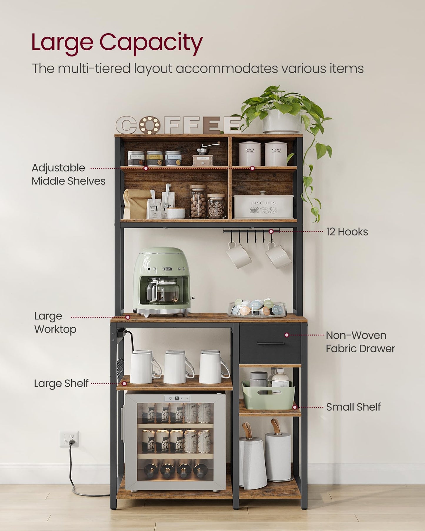 VASAGLE Bakers Rack with Charging Station, Coffee Bar, 15.7 x 31.5 x 71 Inches, Kitchen Microwave Stand, Adjustable Storage Shelves, Fabric Drawer, 12 Hooks, Rustic Brown and Ink Black UKKS015K01
