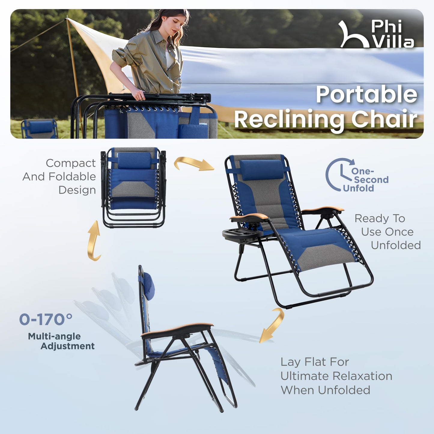 PHI VILLA XXL Oversized Padded Zero Gravity Chair, Foldable Patio Recliner, 30" Wide Seat Anti Gravity Lounger with Cup Holder, Support 400 LBS (Thumb Blue)
