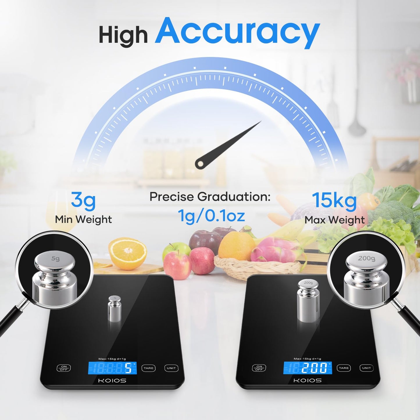 KOIOS Food Scale, 33lb/15kg Digital Kitchen Scale Weight in Grams and Ounces for Cooking Baking, 1g/0.1oz Precise Graduation, Batteries and Type-C Charging, Tare Function, LCD Display, Black