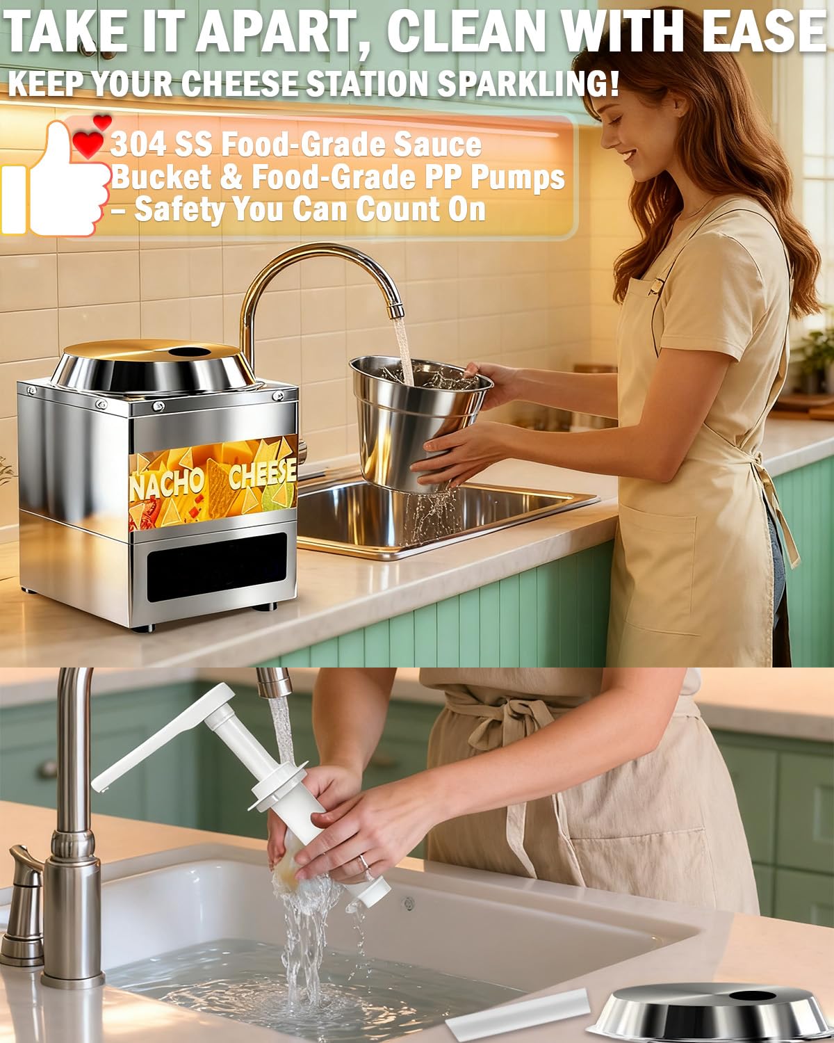 Nacho Cheese Dispenser with Pump - 7.6 QT Nacho Cheese Sauce Warmer Machine, Hot Fudge Warmer with 6-Level Temperature Adjustment, Commercial Dispenser for Syrup Hot Chili Caramel Peanut Butter