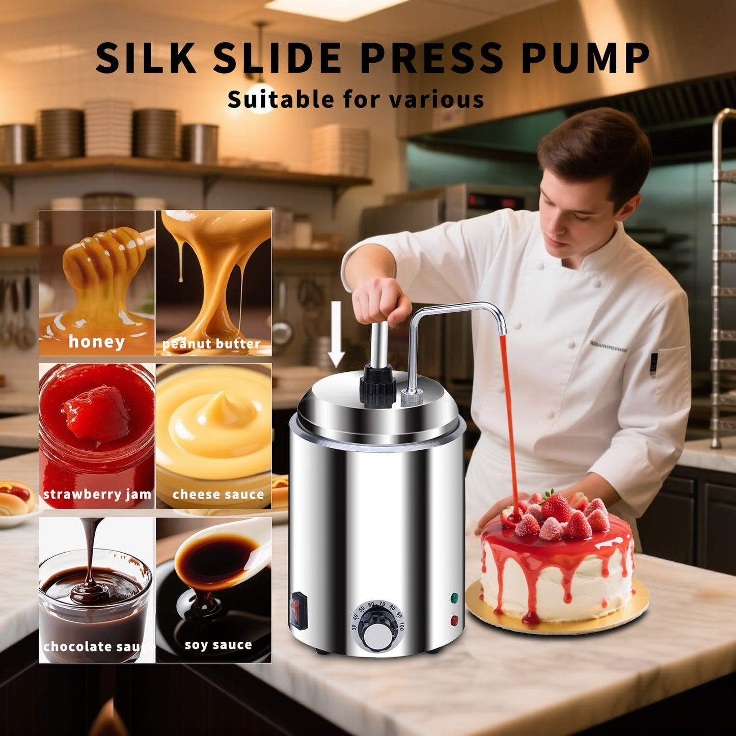 SNICE Electric Nacho Cheese Dispenser Chocolate Warmer Dispenser 304 Stainless Steel Pump 3.0 Qt Hot Fudge Dispenser W/Temperature Adjustment,for Hot Fudge,Cheese,Chocolate,Caramel,Butter Hot Sauce