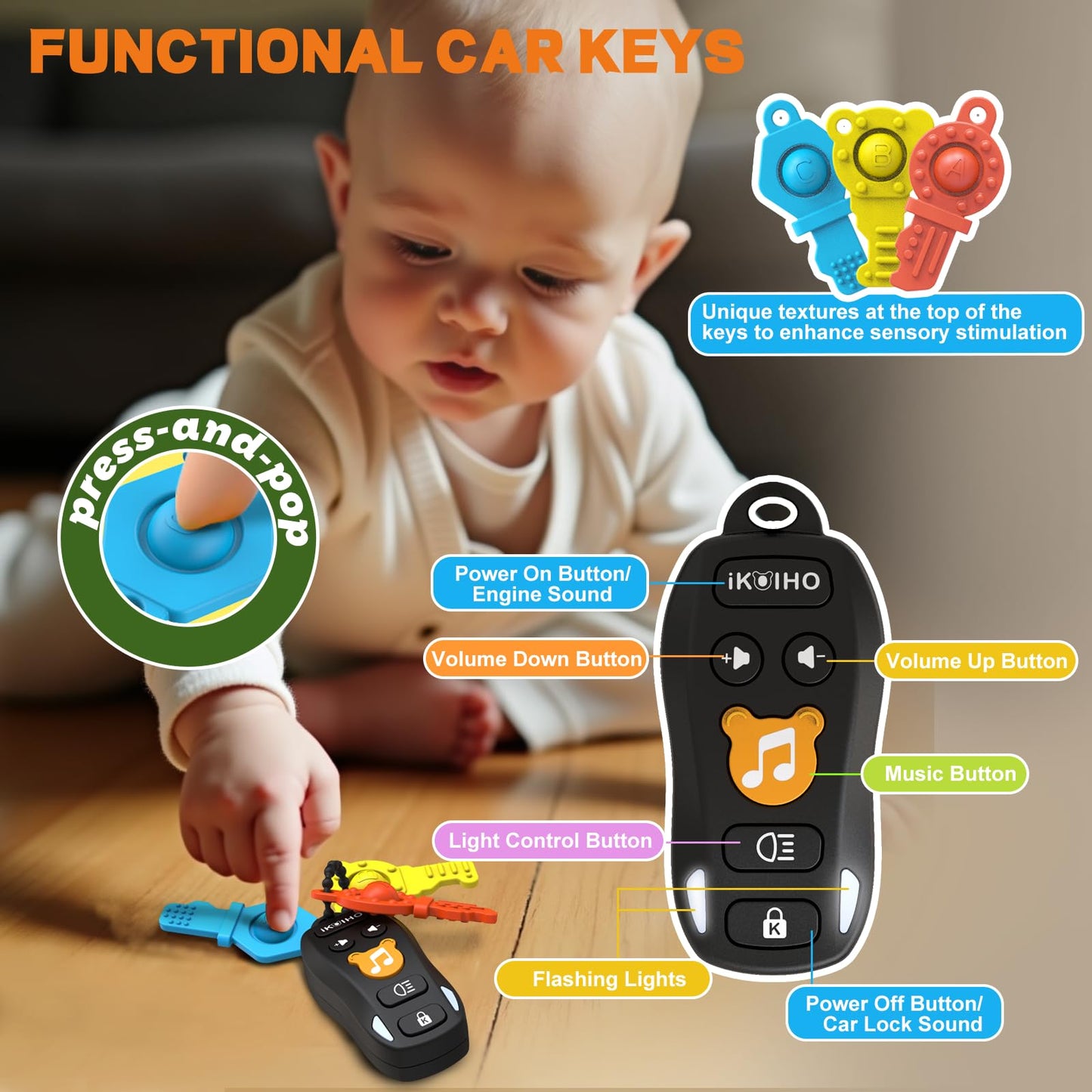 Baby Toy Car Keys - Baby Keys Toy Pretend Play with Sounds & Lights Interactive Musical Sensory Learning Toys Gifts for 1 Year Old Boys Girls Infant Toddlers Kid Age 6+ Months