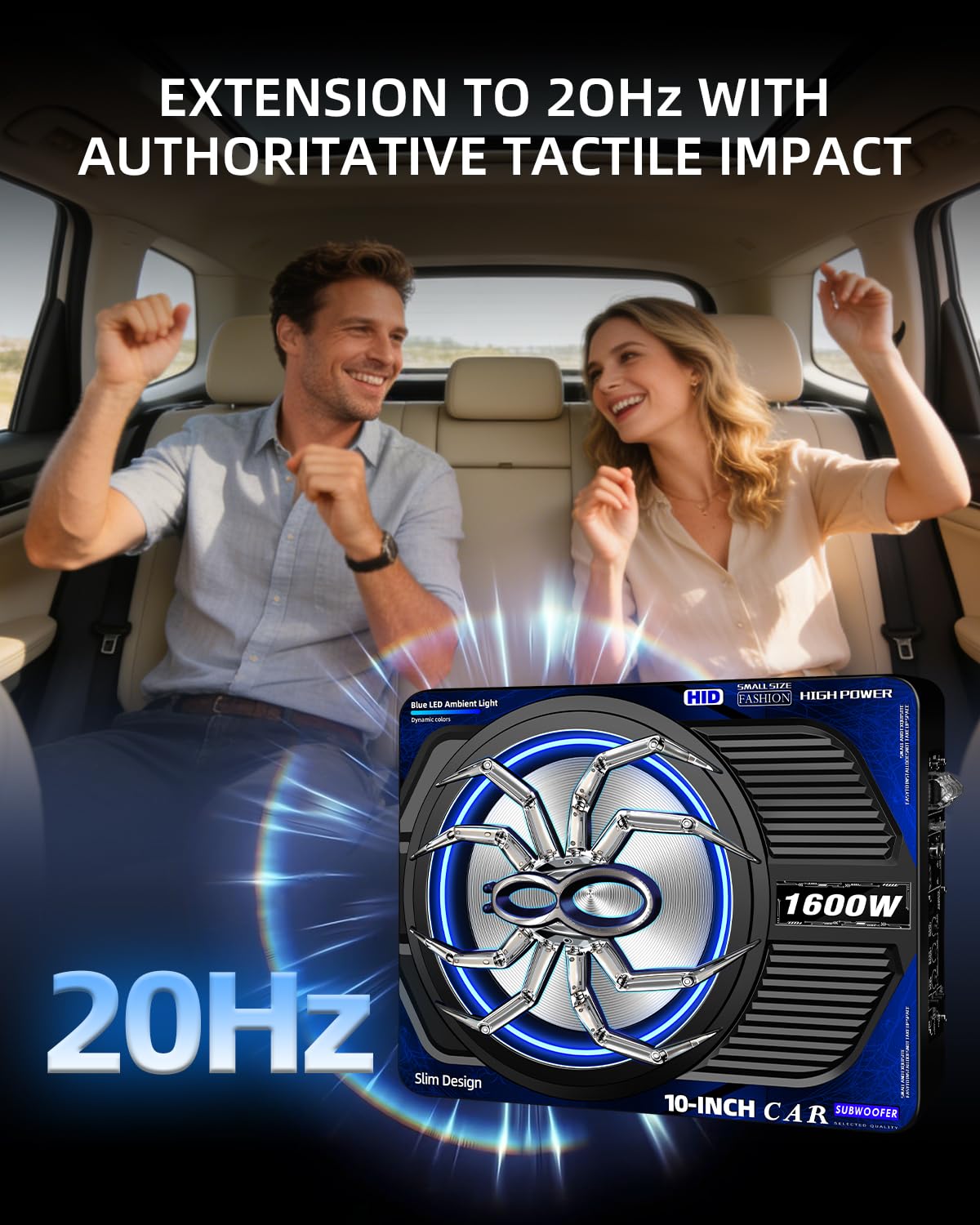 SUBPULSIX 1600W Slim Underseat Car Subwoofer and Amp Package with LED Switch, Powered Subwoofer Car Audio with Built-in Amp, Low Pass/Gain/Bass Boost Control, Deep Distortion-Free Bass for Truck SUV
