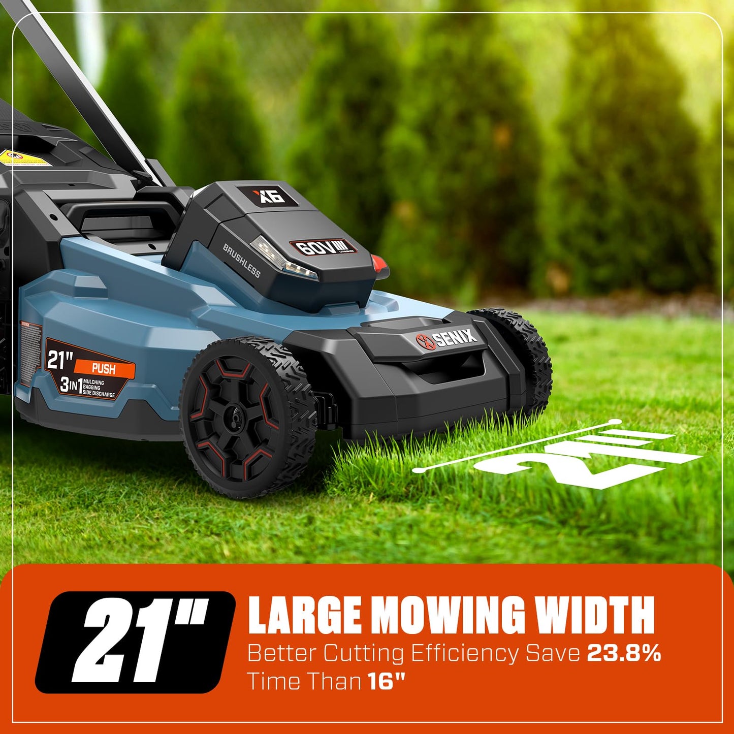 SENIX X6 60 Volt Max* 21-Inch 3-in-1 Cordless Push Lawn Mower, with Bagging, Mulching, and Side Discharge, Height Adjustment, Smart Display, 6Ah Lithium-ion Battery & Charger Included (LPPX6-H)