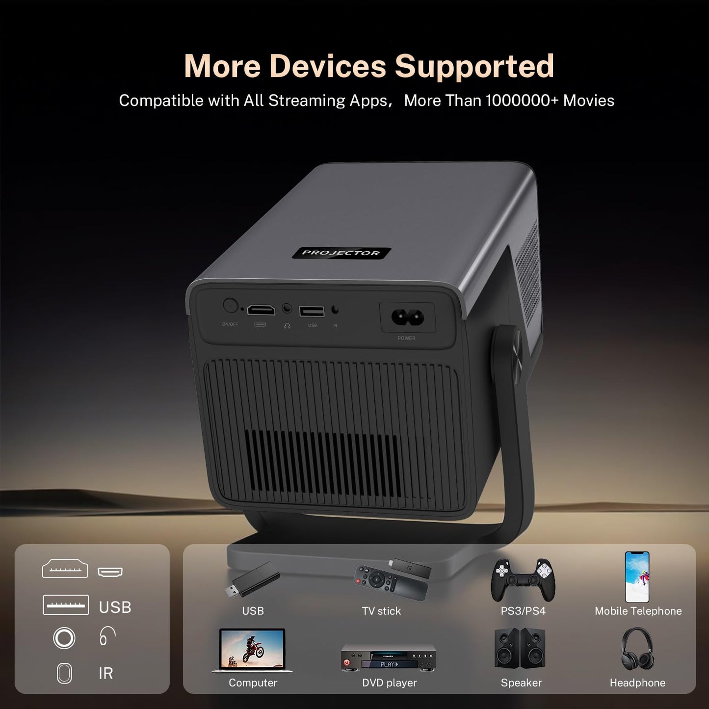 [2000 ANSI/AI Visual Calibration/4K Support] X7 Native 1080P Smart Projector with Android 14 OS, Portable Movie Projector for Bedroom & Outdoor, AI Auto Focus & Keystone Black & Slate Gray Gold