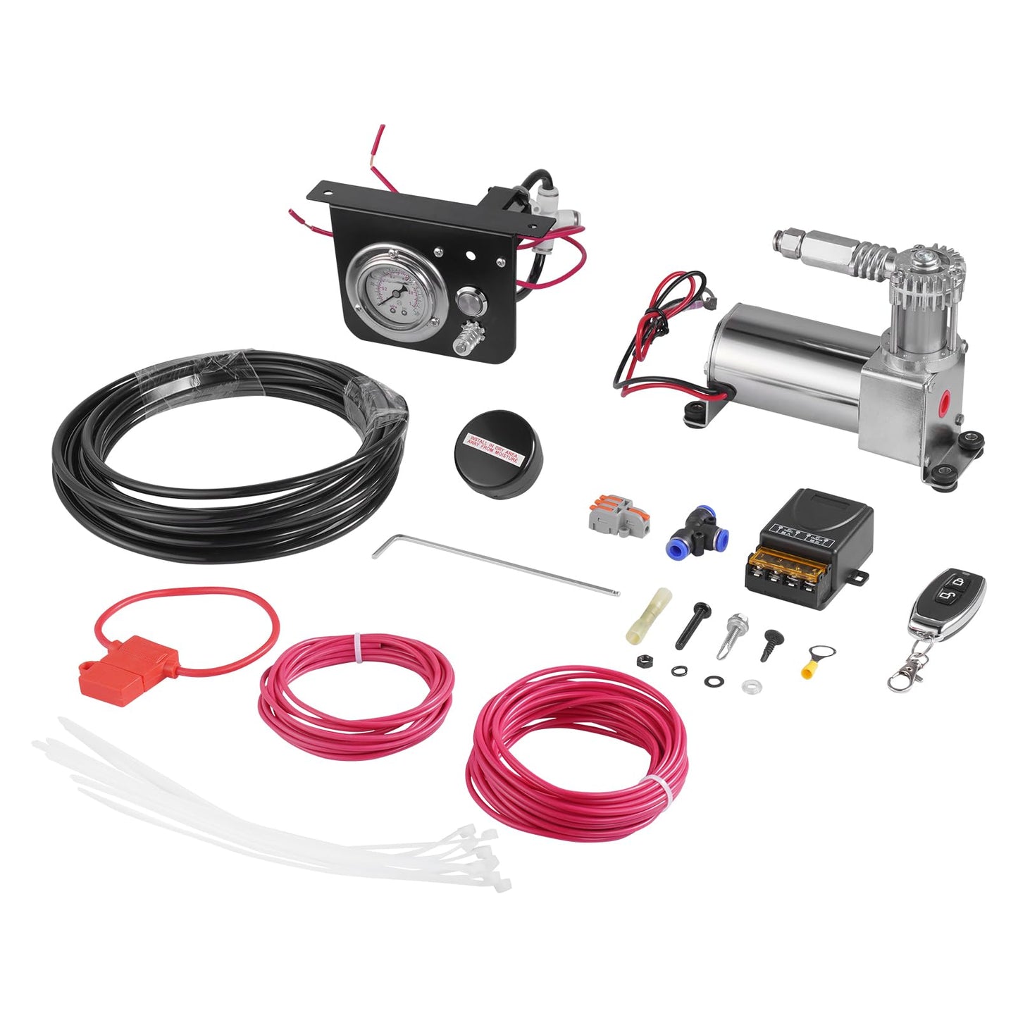 VEVOR Air Shock Controller Kit, 12V 100PSI On Board Air Compressor System, Air Ride Suspension Compressor Kit with Single Path System, Pressure Gauge & Air Line for Trucks Vans