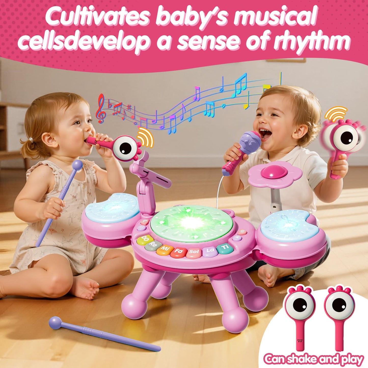 Toddler Drum Set for Kids 1-3, Baby Drum Set 1 Year Old with Light-Up Microphone, Musical Instruments Montessori Learning Toys for 6 9 12 18 Months, Birthday Gift for Boys Girls（Pink）