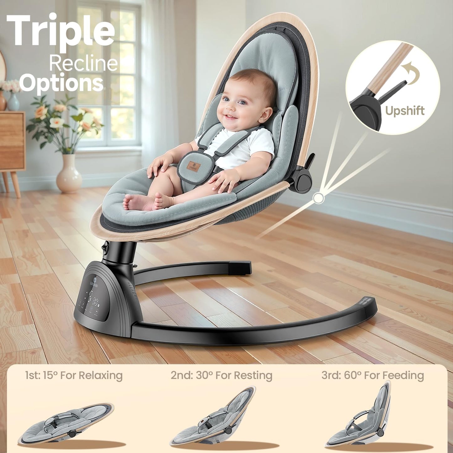 Electric Baby Swings for Infants, Infant Swing with Music Speaker, 3 Seat Positions, 5 Speeds and Remote Control for Newborn Boy Girl, Indoor & Outdoor Use, Black