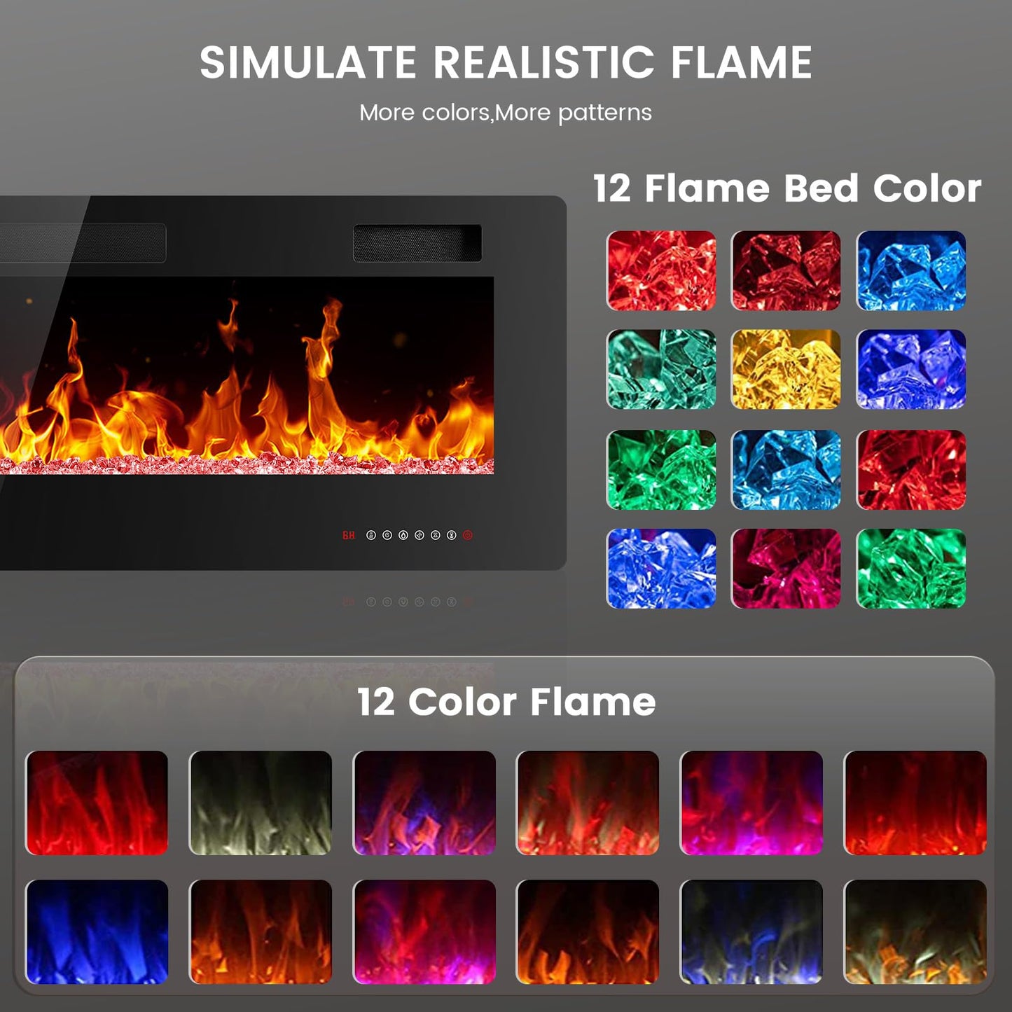 Electactic Electric Fireplace 50 inch Ultra Thin, Recessed and Wall Mounted Electric Fireplace with Remote Control, Fireplace Heater, Timer, Adjustable Flame Color, 750w/1500w, Black