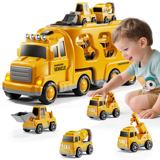 DULONIME Construction Truck Toys Set for Kids Aged 1 2 3 4 5 6 7 8, Truck Playset with Toy Car, Light and Sound, Movable Parts Construction Toys for Toddlers, Birthday Gifts for Boys Girls 2-4 4-7